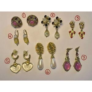 7 Pairs Vintage Jewelry Earrings Gold Settings Enamel Faux Pearls Hearts